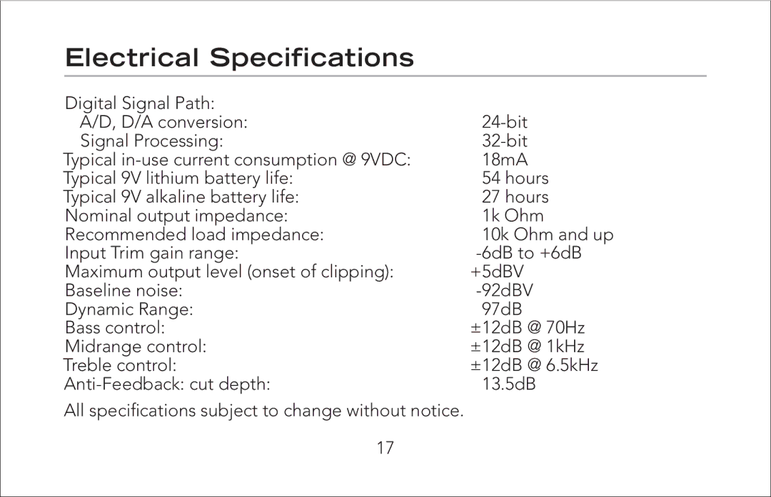 Fishman Onboard Aura manual Electrical Speciﬁcations 