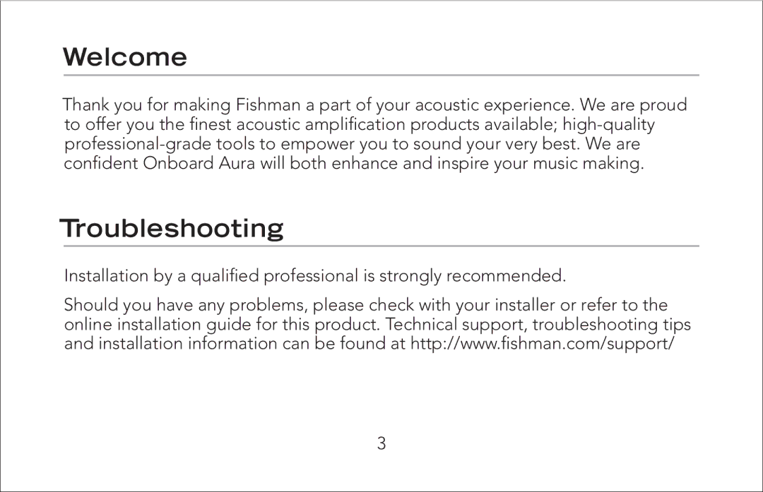 Fishman Onboard Aura manual Welcome, Troubleshooting 