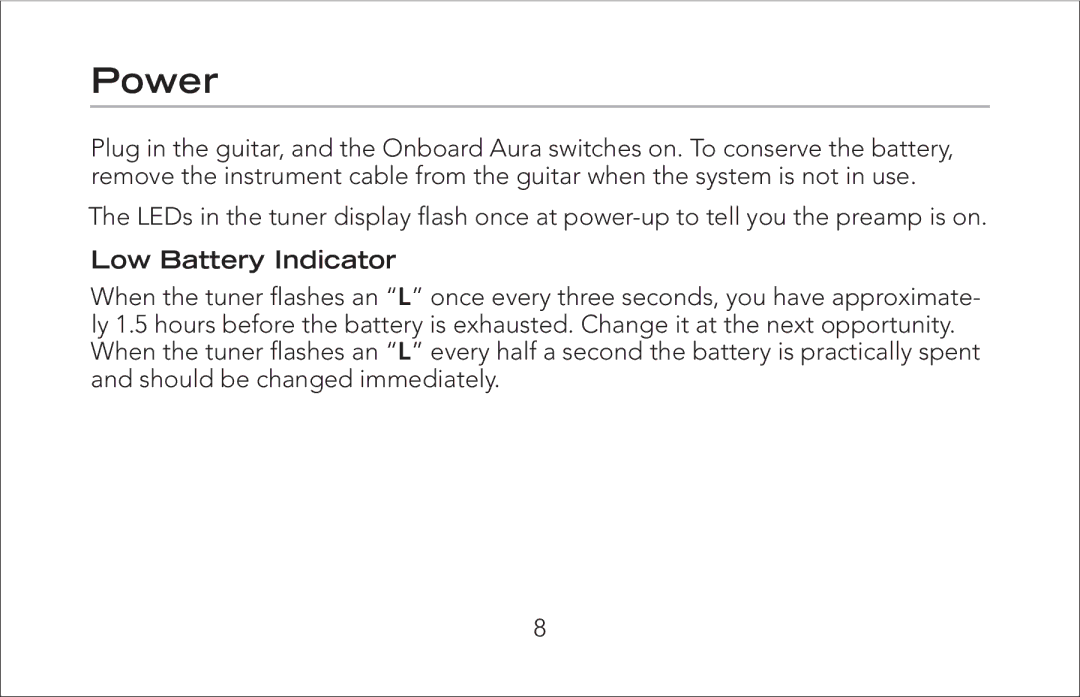 Fishman Onboard Aura manual Power, Low Battery Indicator 