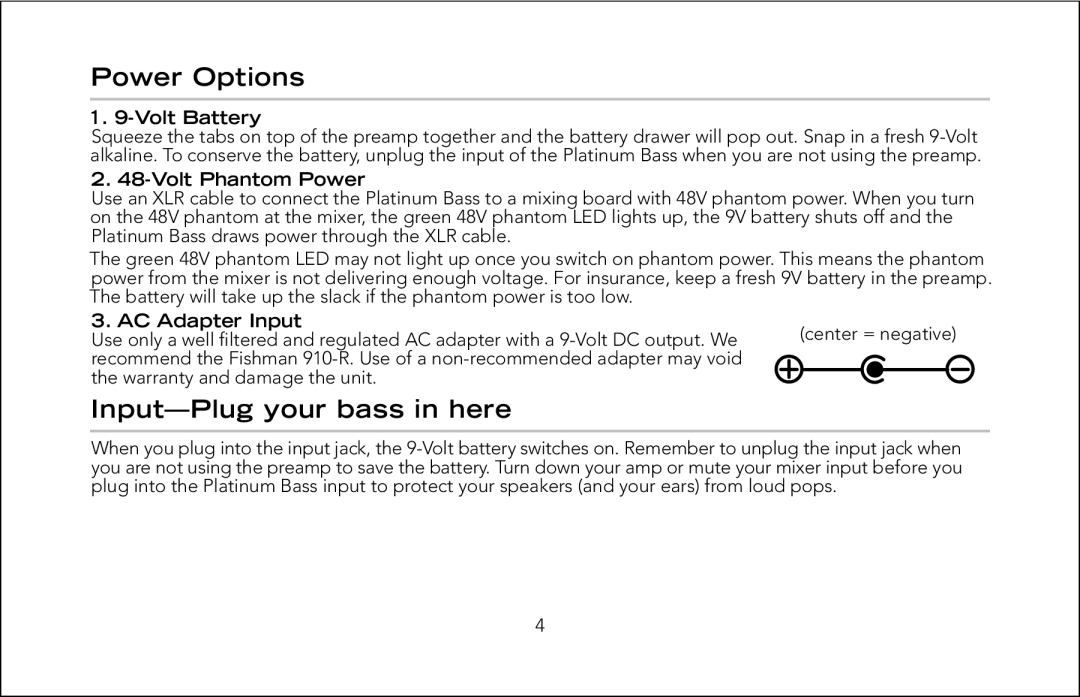 Fishman Pro-Eq manual Power Options, Input-Plug your bass in here, Volt Battery, Volt Phantom Power, AC Adapter Input 