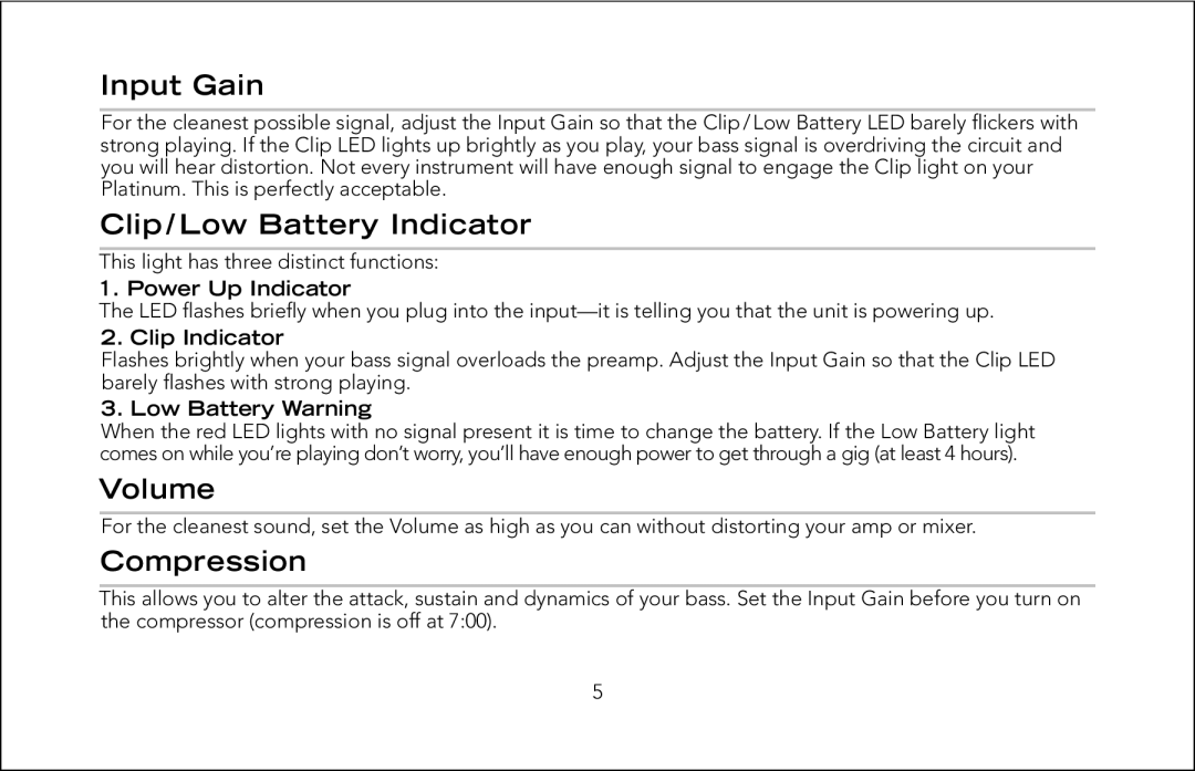 Fishman Pro-Eq manual Input Gain, Clip / Low Battery Indicator, Volume, Compression 