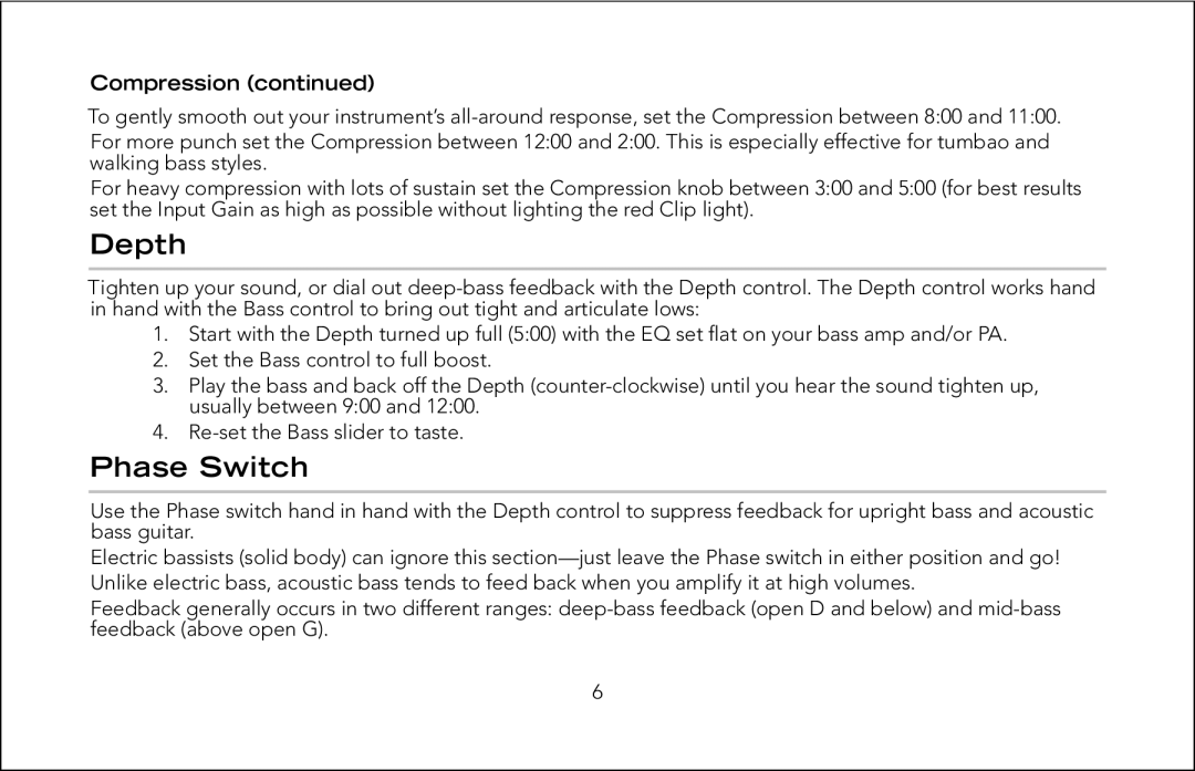 Fishman Pro-Eq manual Depth, Phase Switch, Compression 