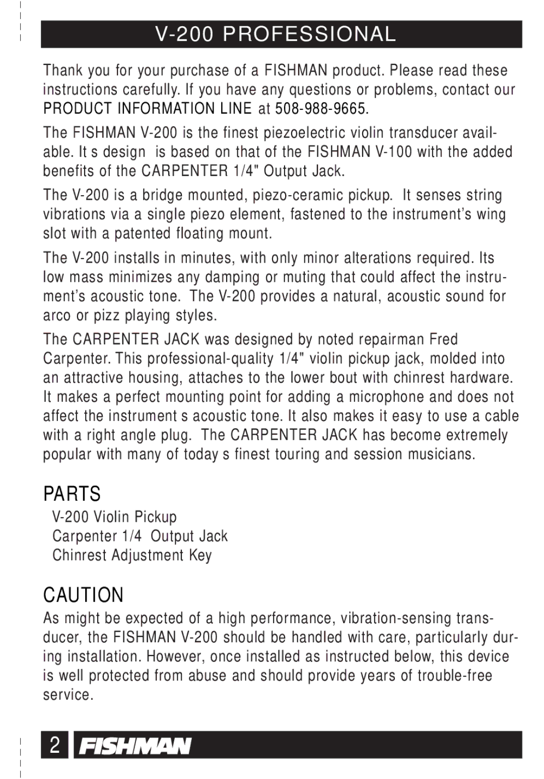 Fishman V-200 owner manual Professional, Parts 