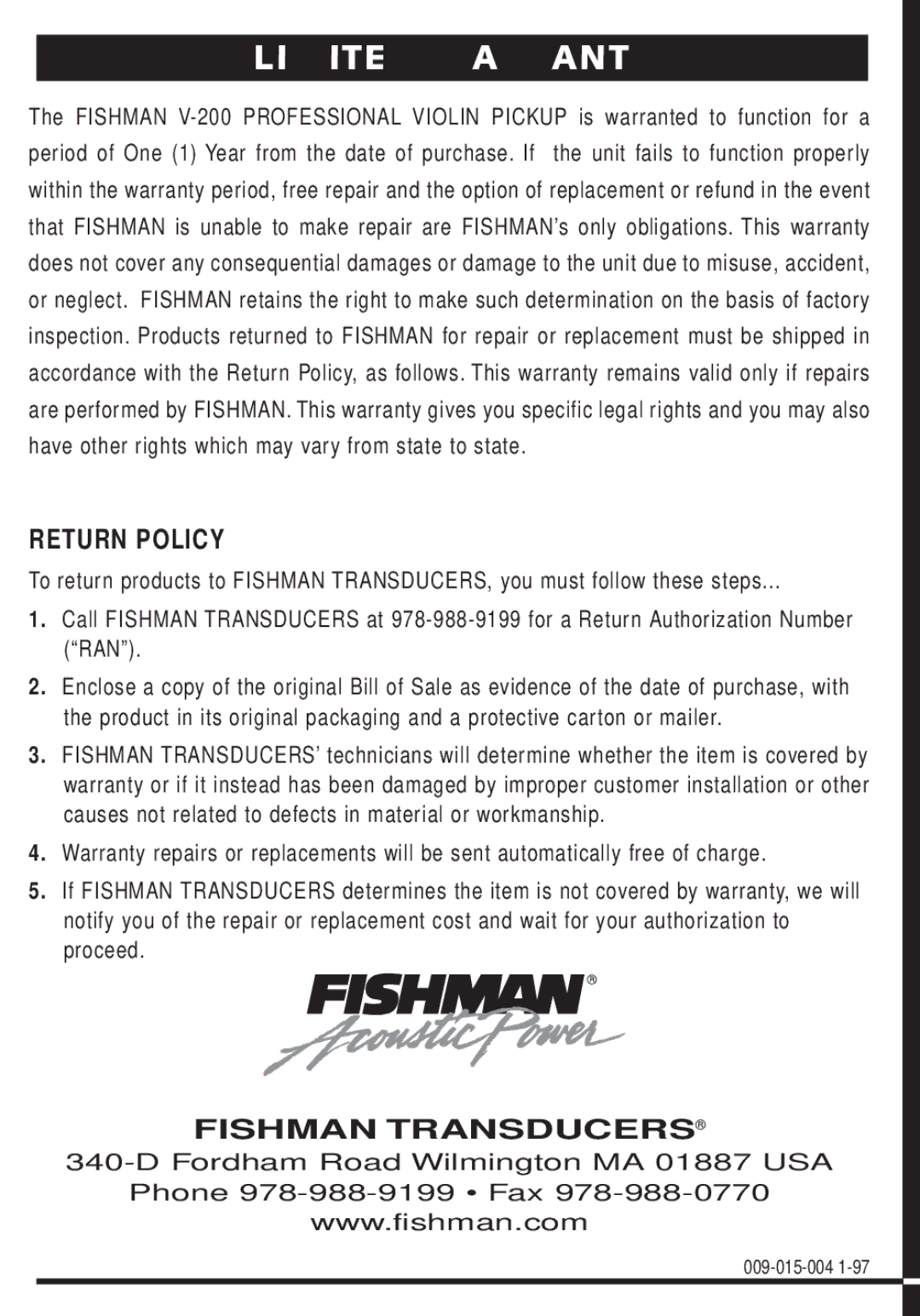 Fishman V-200 owner manual Limited Warranty, Return Policy, Fishman Transducers 