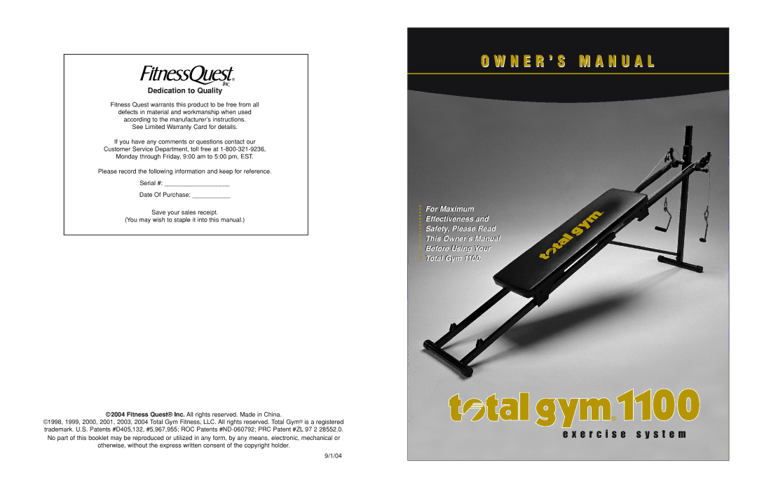 Fitness Quest 1100 manual N E R ’ S M a N U a L, Dedication to Quality 