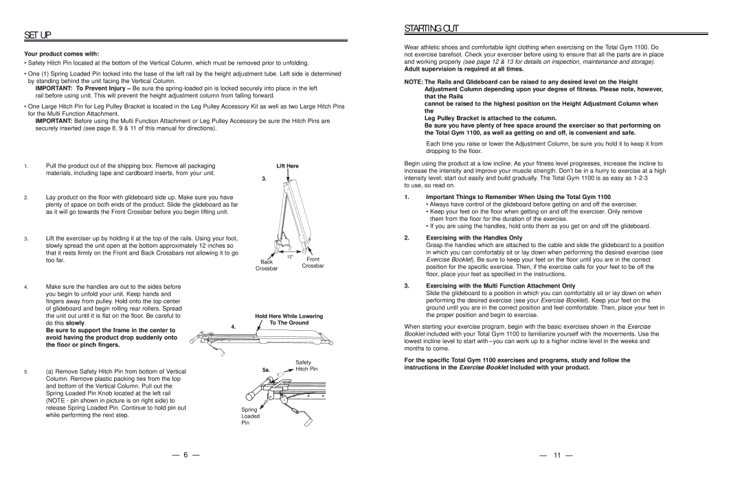 Fitness Quest 1100 manual Set Up, Starting OUT 