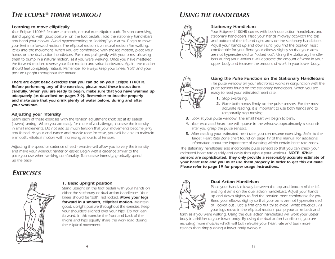 Fitness Quest manual Eclipse 1100HR Workout, Exercises, Using the Handlebars 