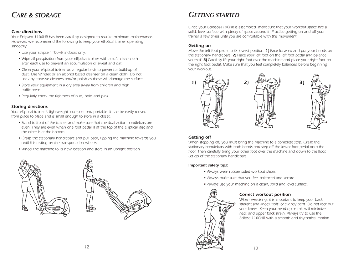 Fitness Quest 1100HR manual Care & Storage, Getting Started 