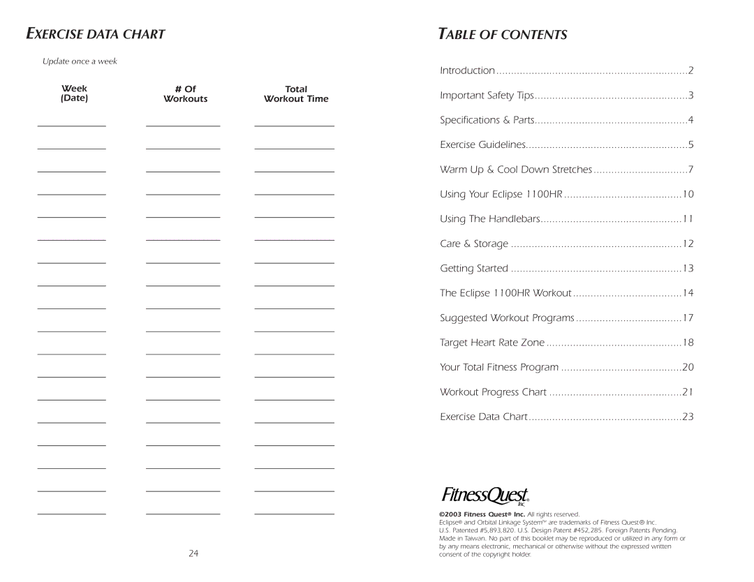 Fitness Quest 1100HR manual Exercise Data Chart, Table of Contents 