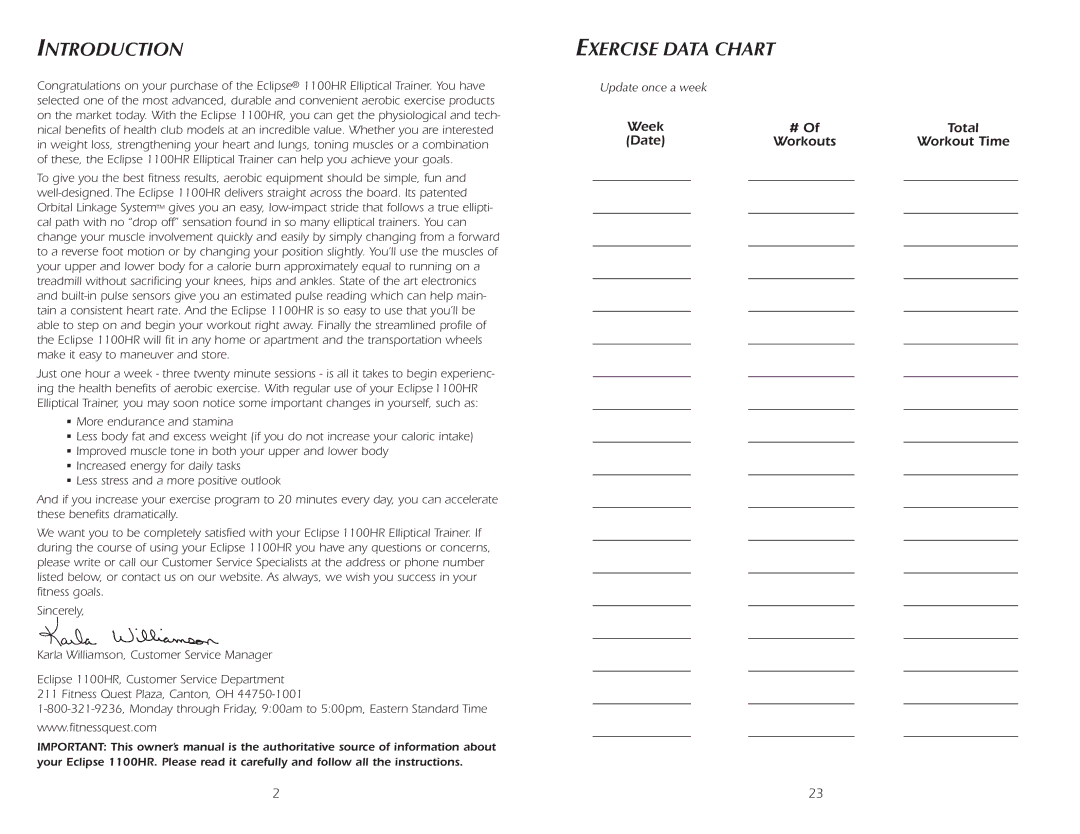 Fitness Quest 1100HR manual Introduction 