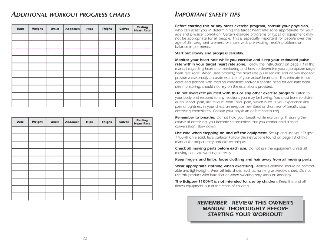 Fitness Quest 1100HR manual Additional Workout Progress Charts, Important Safety Tips 