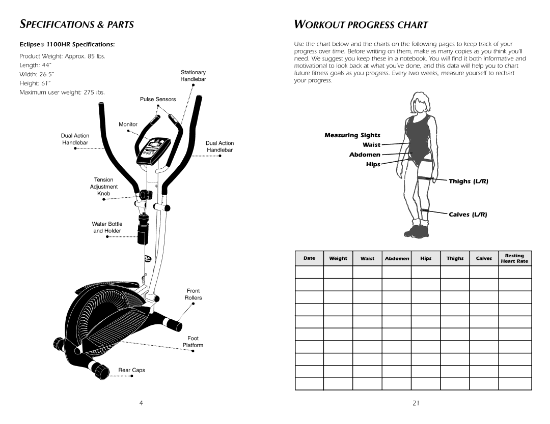 Fitness Quest 1100HR manual Specifications & Parts Workout Progress Chart 