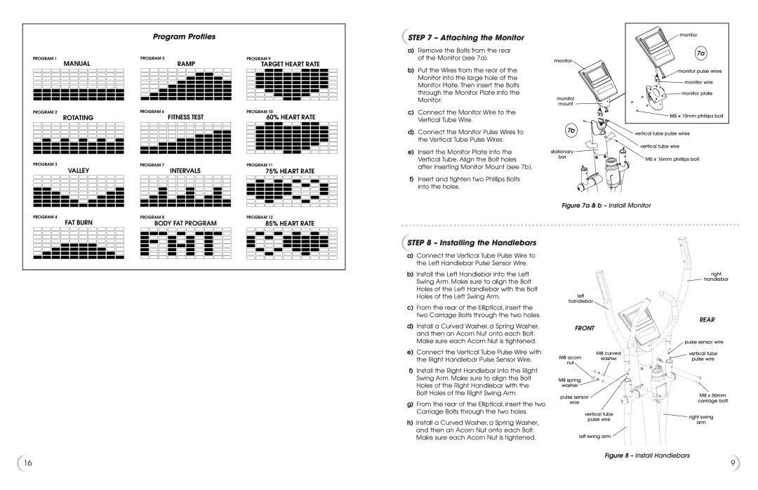 Fitness Quest 1175e manual Program Profiles, Attaching the Monitor, Installing the Handlebars 