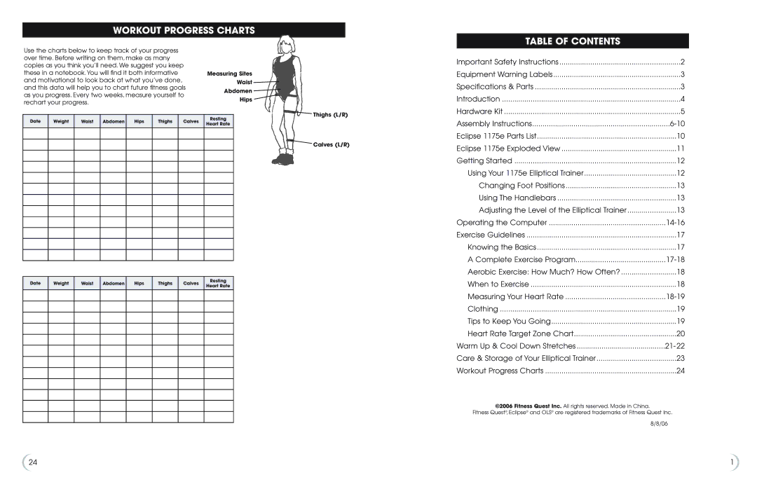 Fitness Quest 1175e manual Workout Progress Charts, Table of Contents 