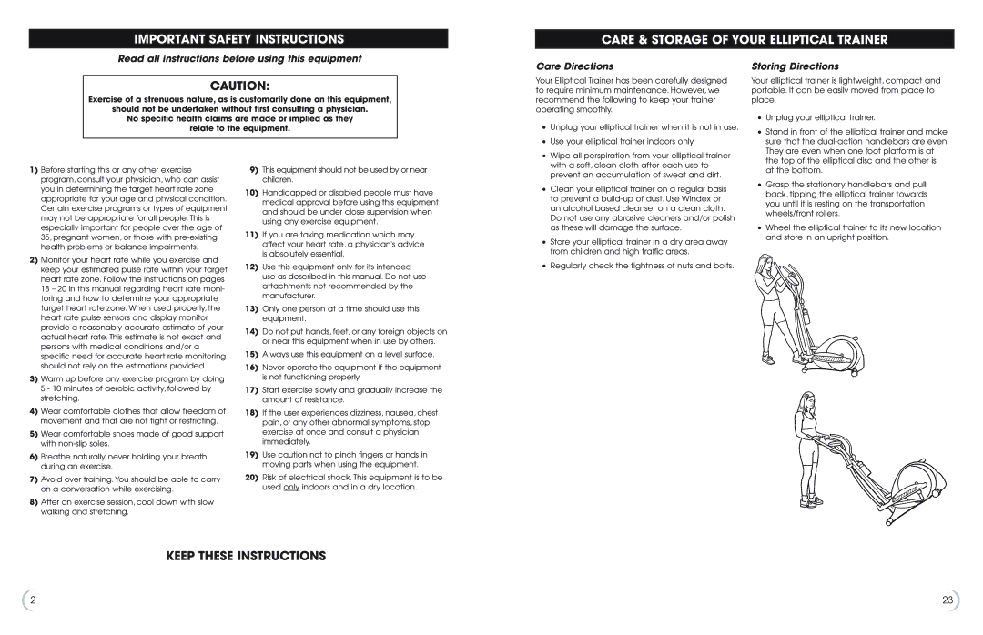 Fitness Quest 1175e Important Safety Instructions, Care & Storage of Your Elliptical Trainer, Keep These Instructions 