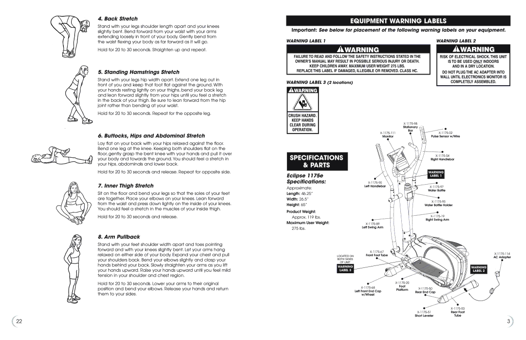 Fitness Quest 1175e manual Equipment Warning Labels, Specifications, Parts 