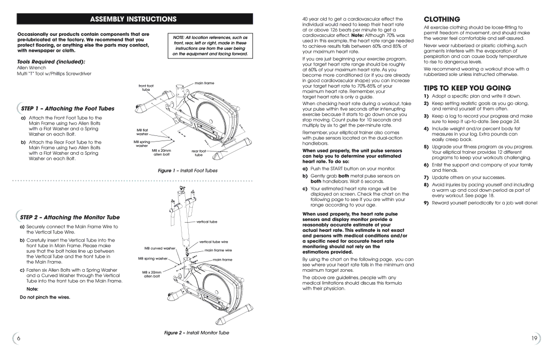 Fitness Quest 1175e manual Assembly Instructions, Clothing, Tips to Keep YOU Going, Attaching the Foot Tubes 