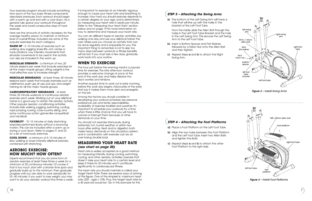 Fitness Quest 1175e manual When to Exercise, Attaching the Swing Arms, Attaching the Foot Platforms, See chart on 