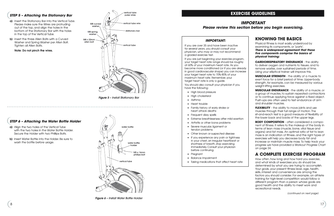 Fitness Quest 1175e manual Exercise Guidelines, Knowing the Basics, Complete Exercise Program, Attaching the Stationary Bar 