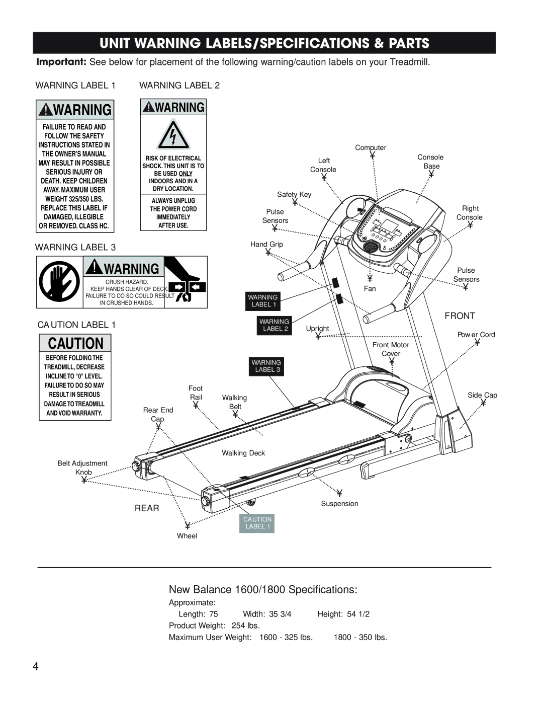 Fitness Quest manual Unit Warning LABELS/SPECIFICATIONS & Parts, New Balance 1600/1800 Specifications 