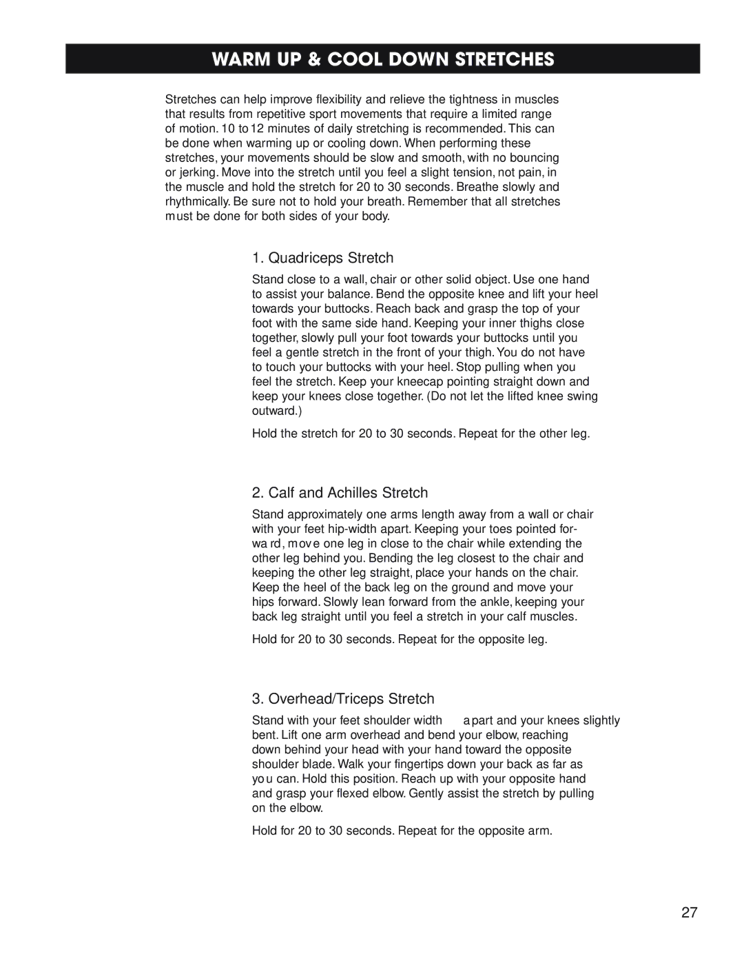 Fitness Quest 1600 Warm UP & Cool Down Stretches, Quadriceps Stretch, Calf and Achilles Stretch, Overhead/Triceps Stretch 