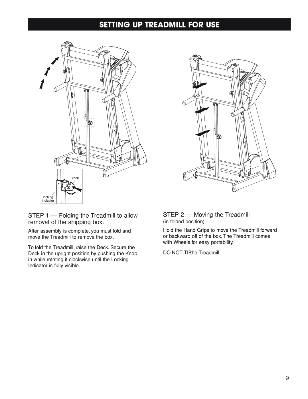 Fitness Quest 1600, 1800 manual Setting UP Treadmill for USE, Folding the Treadmill to allow removal of the shipping box 