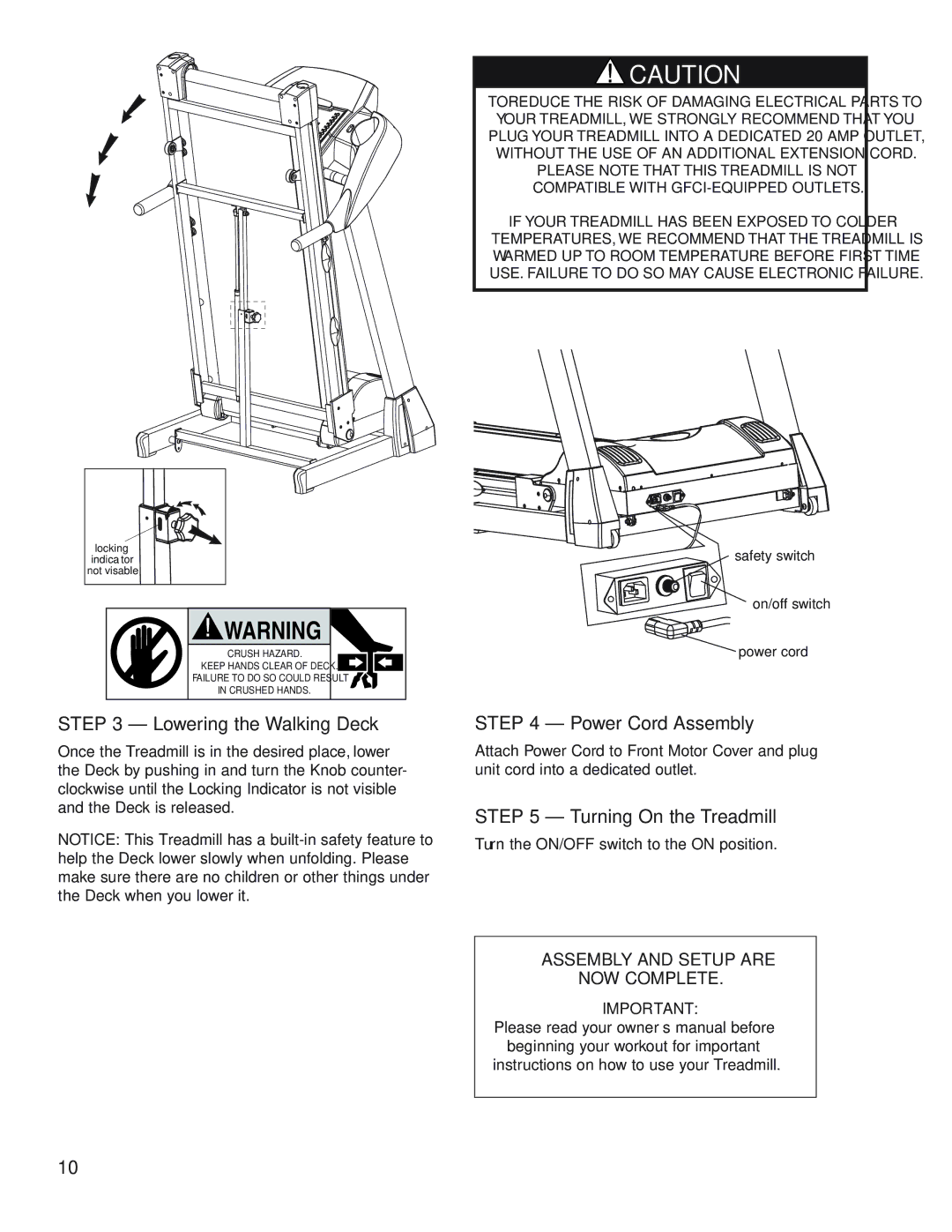 Fitness Quest 1800, 1600 manual Lowering the Walking Deck, Power Cord Assembly, Turning On the Treadmill 