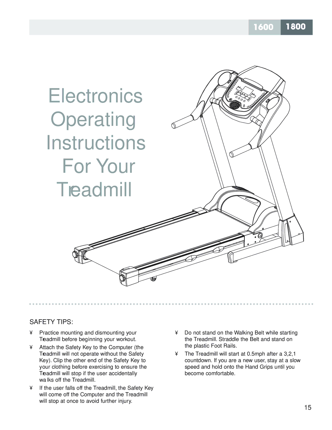 Fitness Quest 1600, 1800 manual Electronics Operating Instructions For Your Treadmill, Safety Tips 