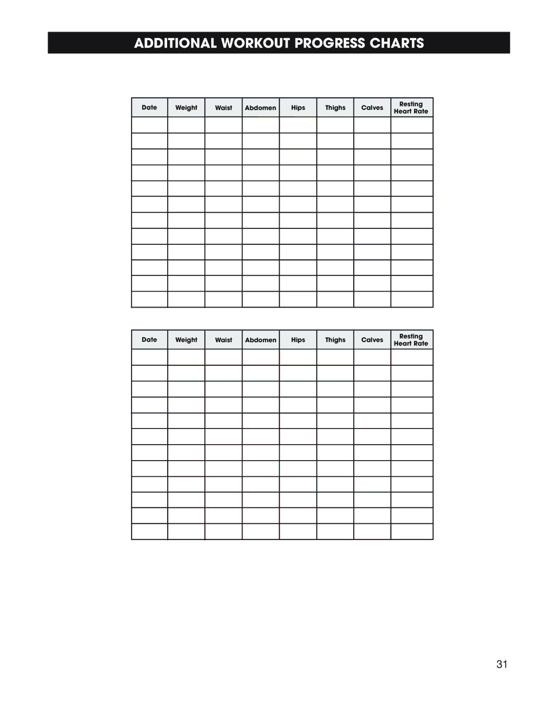 Fitness Quest 1600, 1800 manual Additional Workout Progress Charts 