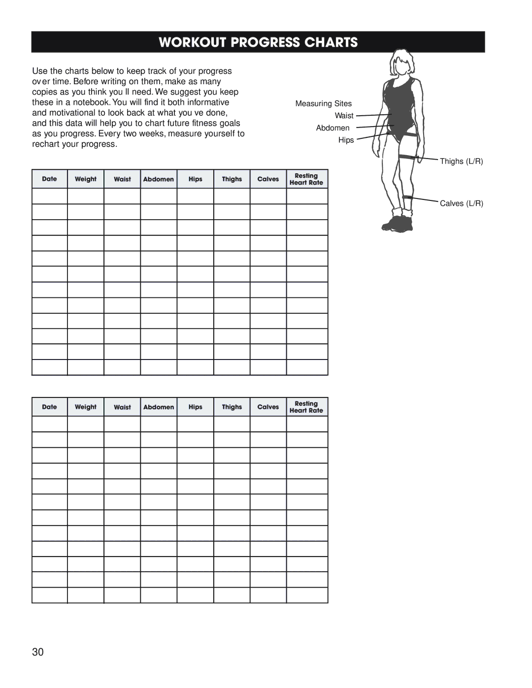 Fitness Quest 1800, 1600 manual Workout Progress Charts 