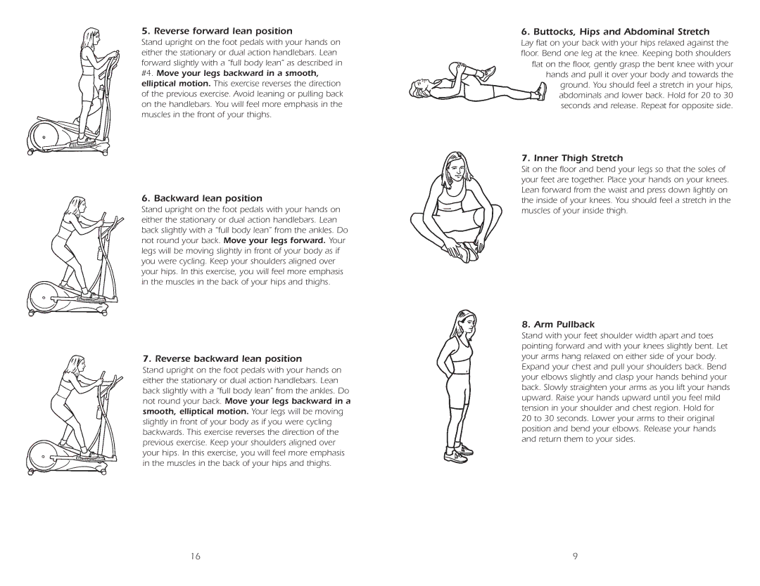 Fitness Quest 2100HRA Reverse forward lean position, Backward lean position, Reverse backward lean position, Arm Pullback 