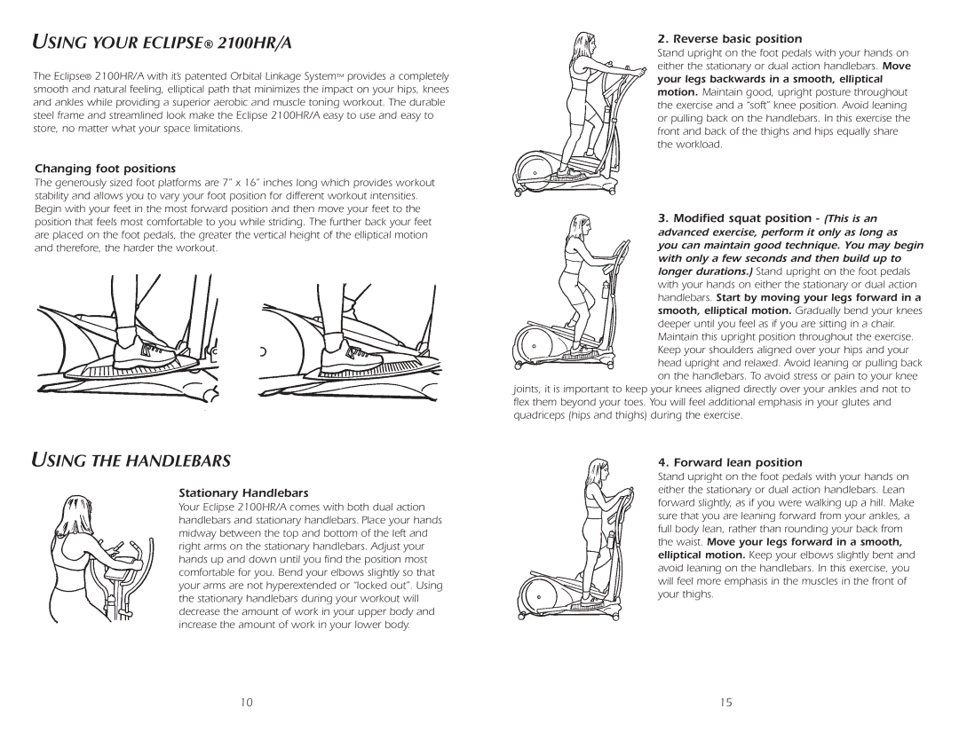 Fitness Quest 2100HRA manual Using Your Eclipse 2100HR/A, Using the Handlebars 