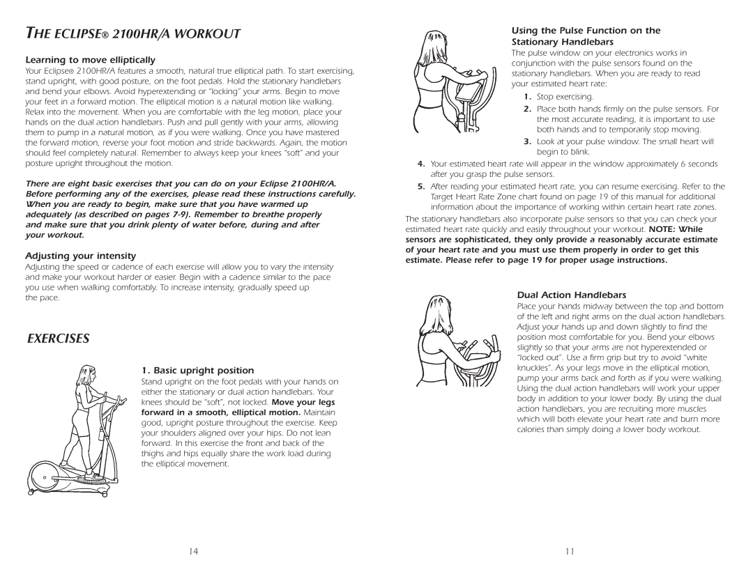 Fitness Quest 2100HRA manual Eclipse 2100HR/A Workout, Exercises 