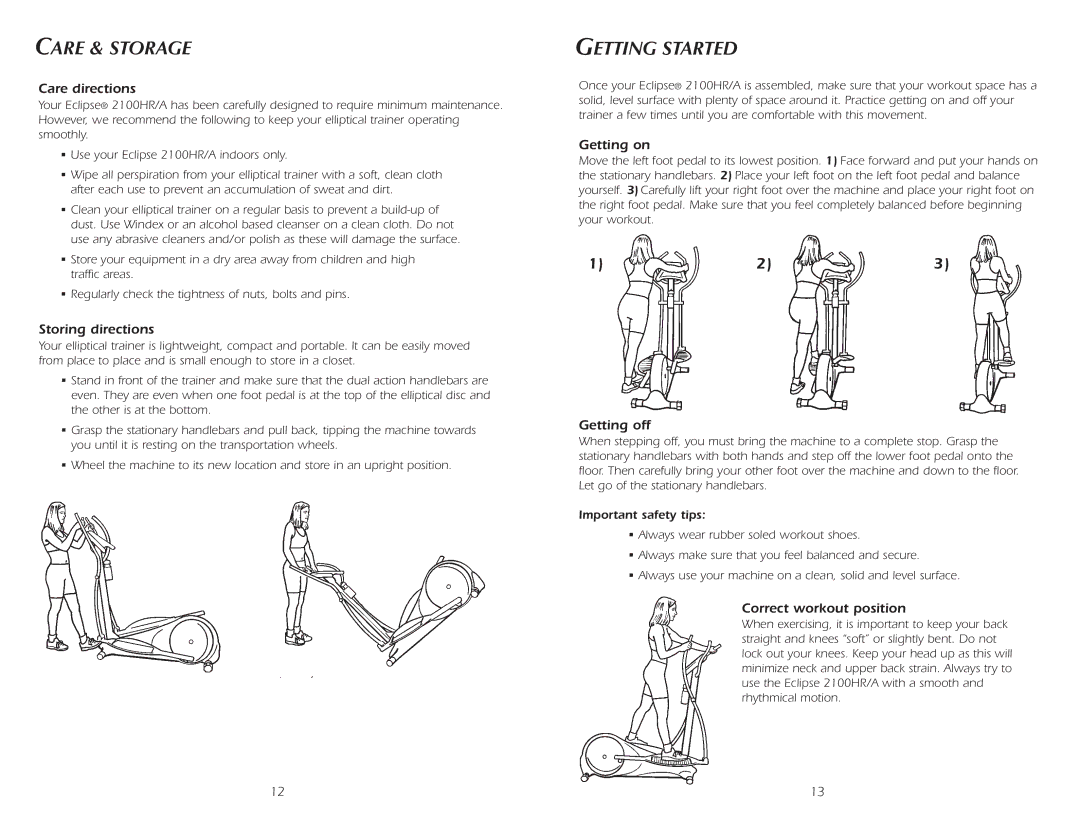 Fitness Quest 2100HRA manual Care & Storage, Getting Started 