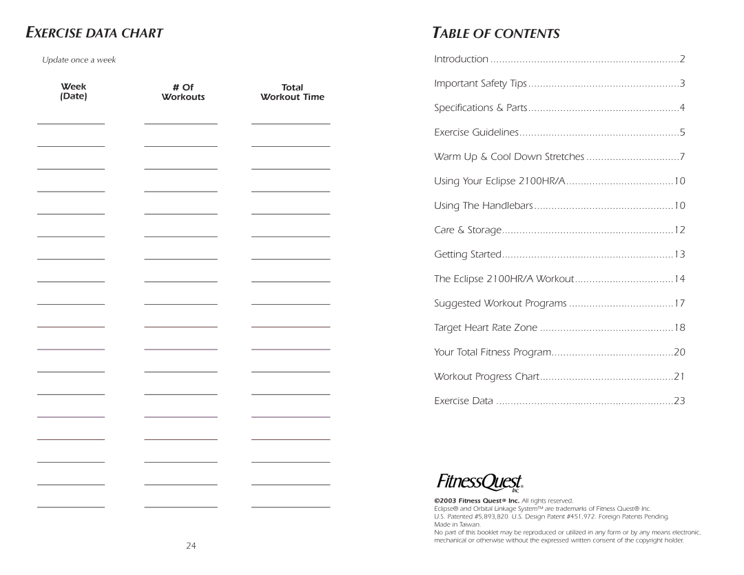 Fitness Quest 2100HRA manual Exercise Data Chart, Table of Contents 