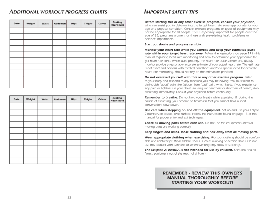 Fitness Quest 2100HRA manual Additional Workout Progress Charts, Important Safety Tips 