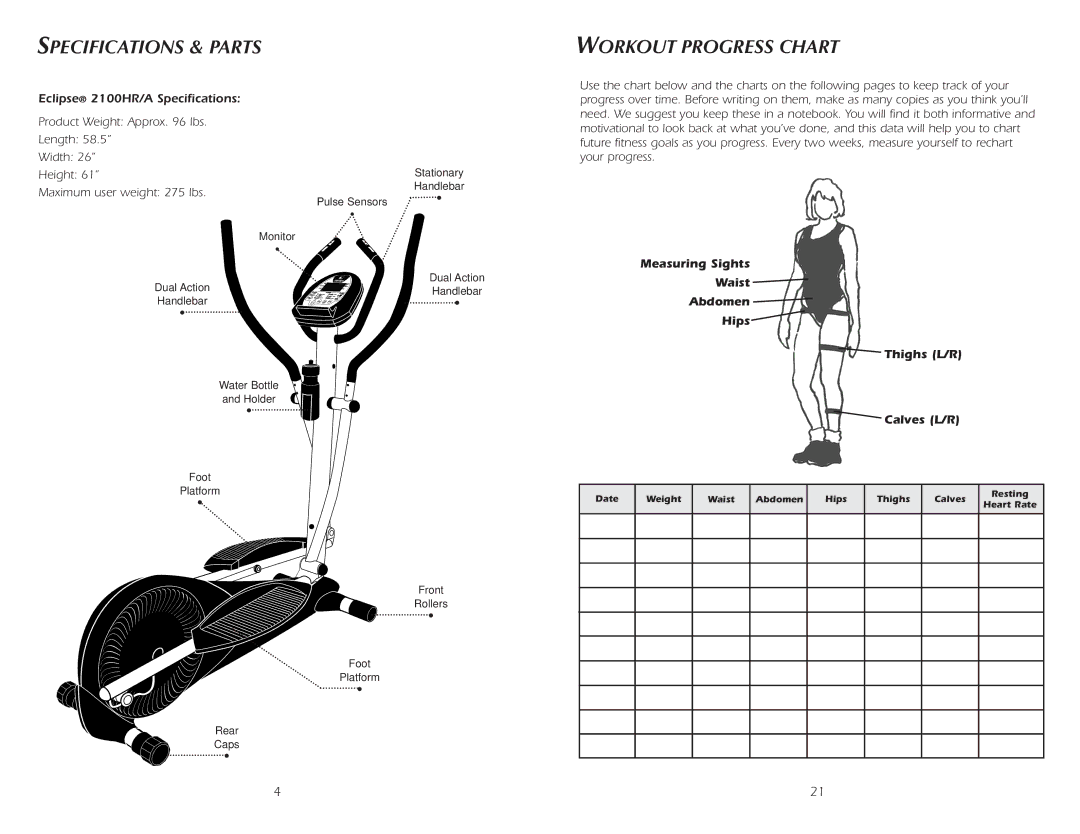 Fitness Quest 2100HRA manual Specifications & Parts Workout Progress Chart 