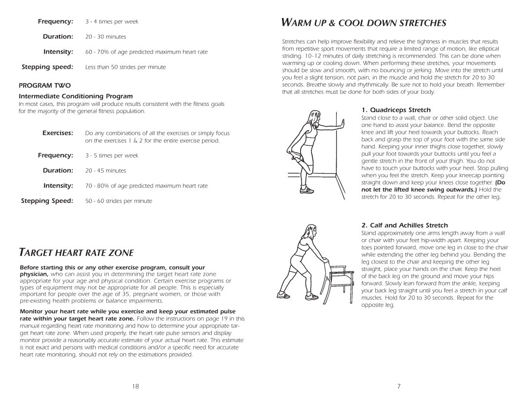 Fitness Quest 2100HRA manual Target Heart Rate Zone, Warm UP & Cool Down Stretches, Intermediate Conditioning Program 