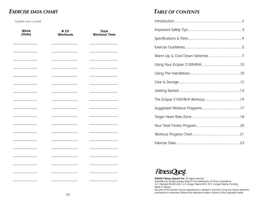 Fitness Quest 2100HRA Exercise Data Chart, Table Of Contents, Introduction, Using The Handlebars, Care & Storage, Week 