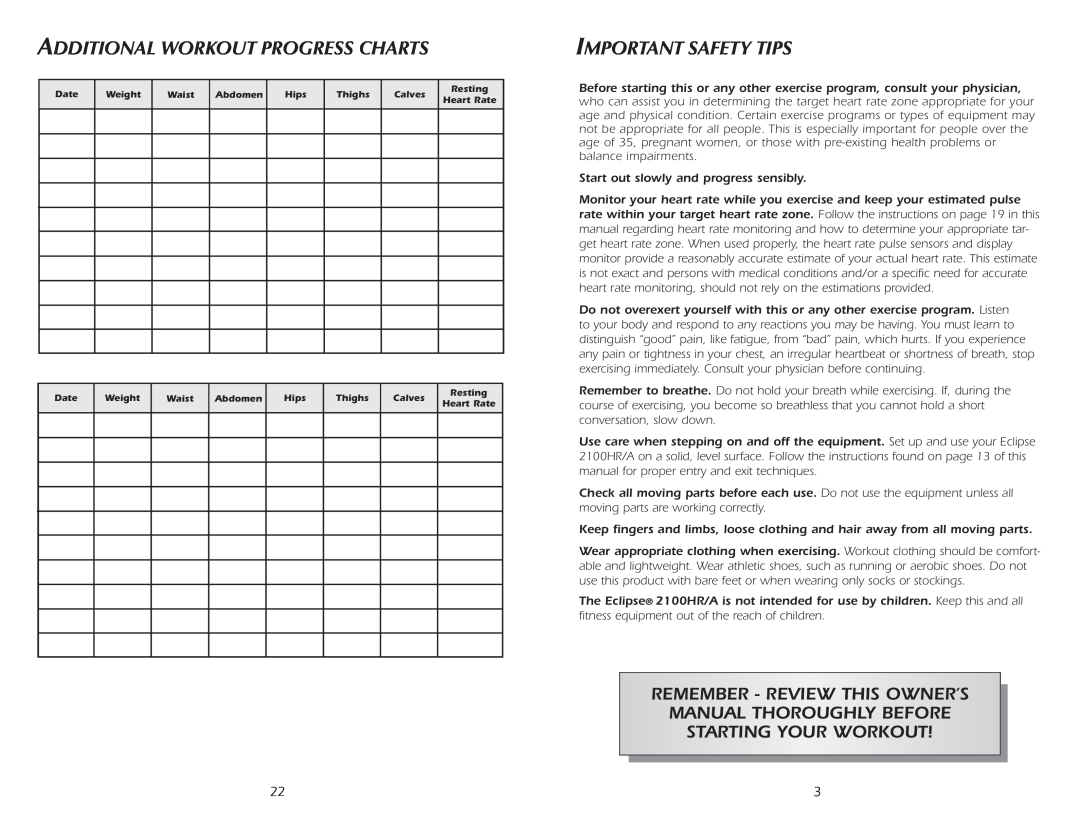 Fitness Quest 2100HRA manual Additional Workout Progress Charts, Important Safety Tips, Starting Your Workout 