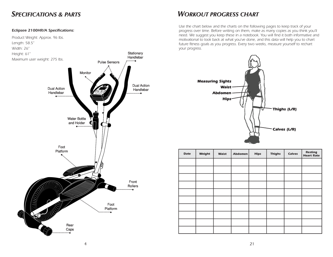 Fitness Quest 2100HRA manual Specifications & Parts, Workout Progress Chart 