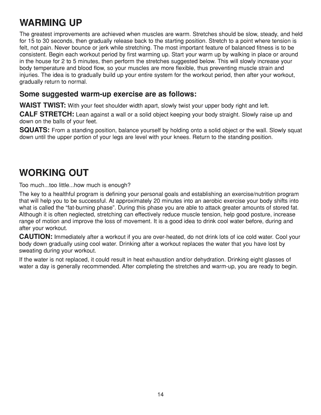 Fitness Quest 386da manual Warming UP, Working OUT, Some suggested warm-up exercise are as follows 