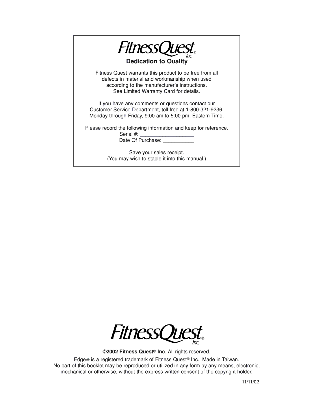 Fitness Quest 386da manual Dedication to Quality, Fitness Quest Inc. All rights reserved 