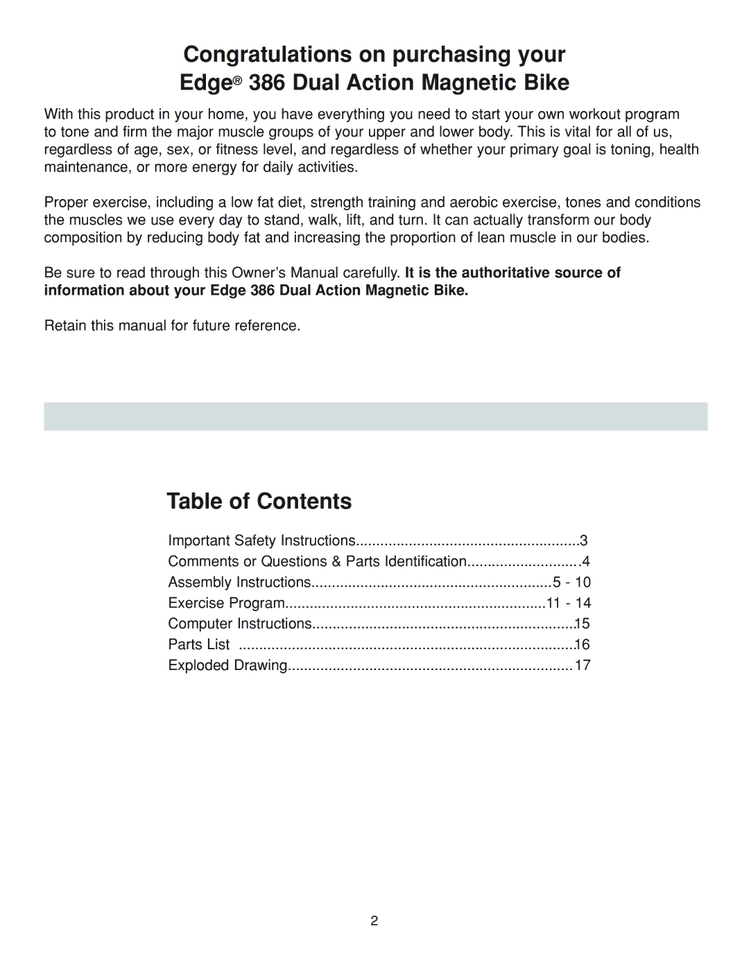 Fitness Quest 386da manual Table of Contents 