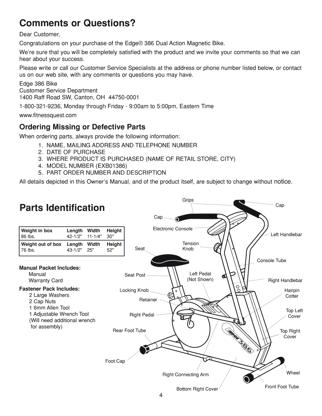 Fitness Quest 386da manual Comments or Questions?, Ordering Missing or Defective Parts 