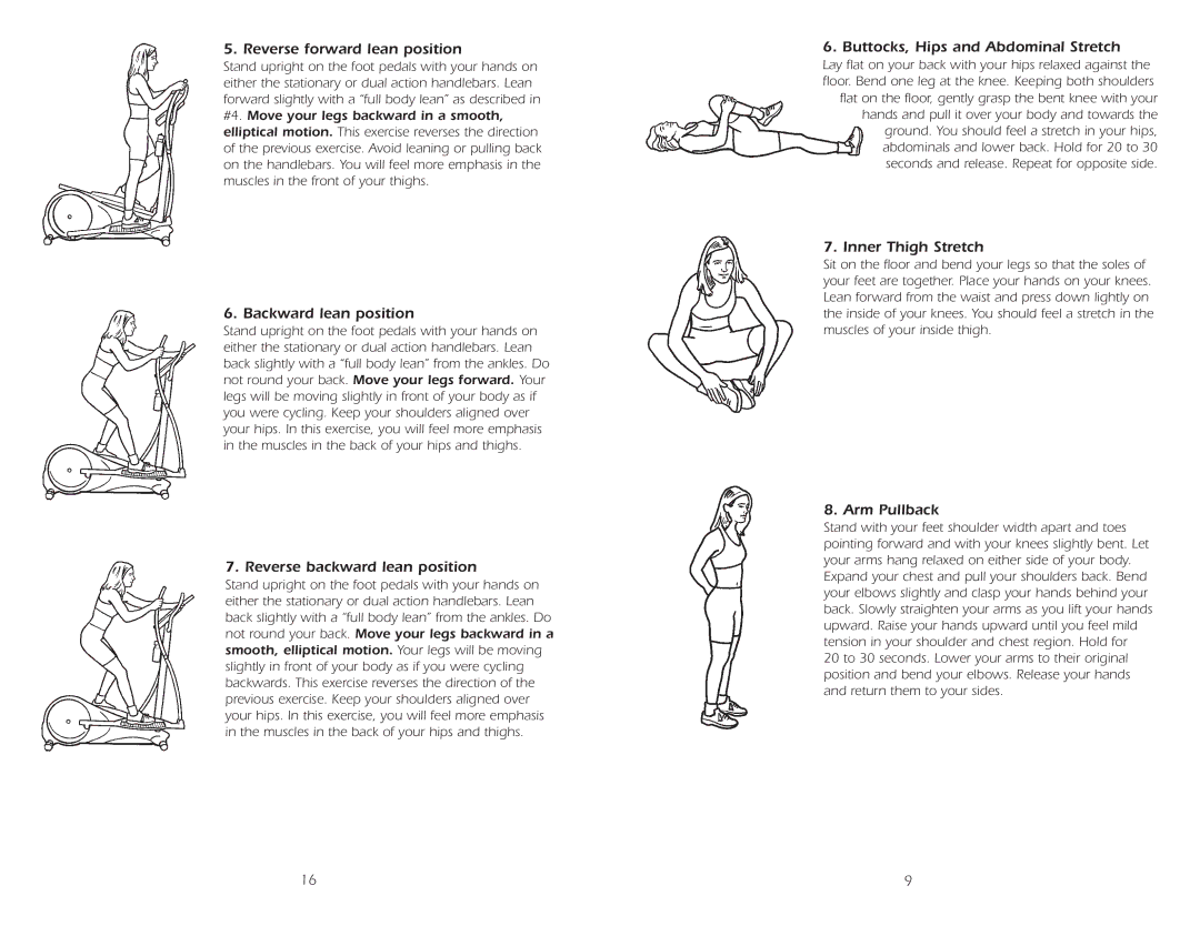 Fitness Quest 4100HR/A Reverse forward lean position, Backward lean position, Reverse backward lean position, Arm Pullback 