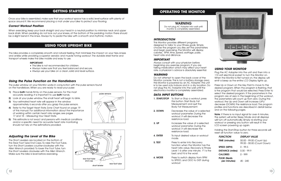 Fitness Quest 475u manual Getting Started, Using Your Upright Bike, Operating the Monitor, Correct Workout Position 