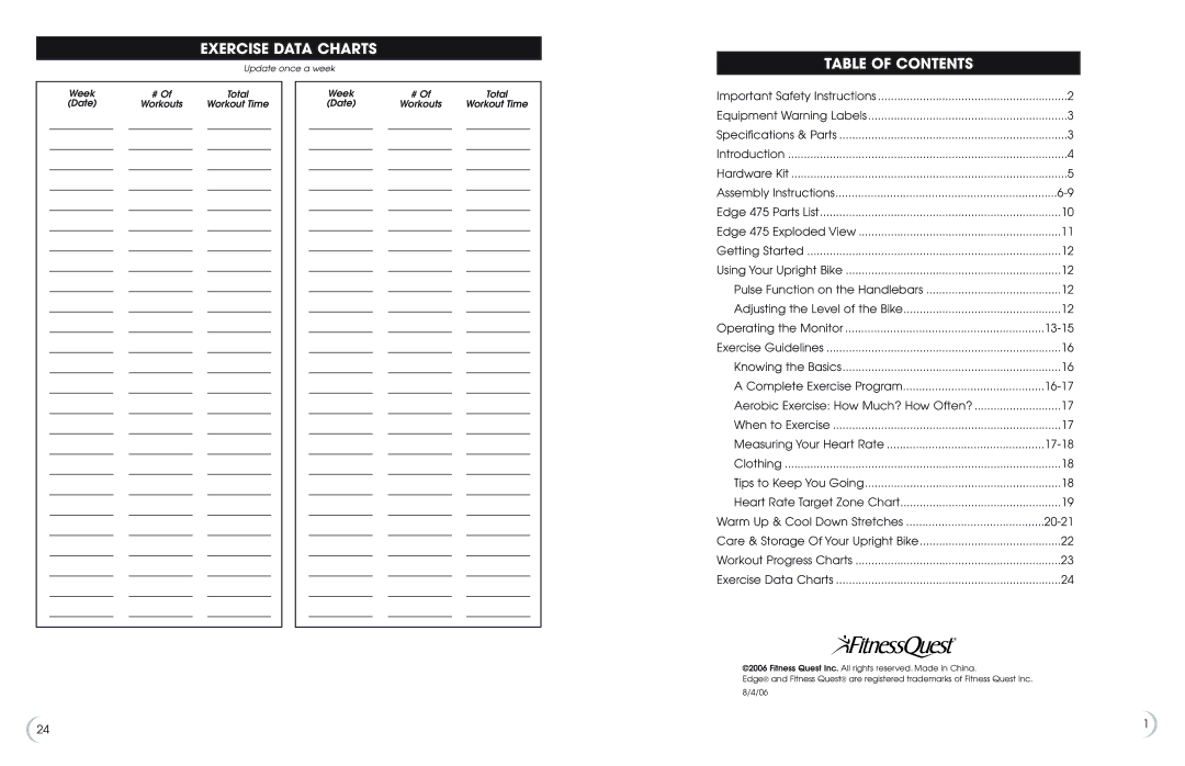 Fitness Quest 475u manual Exercise Data Charts, Table of Contents 