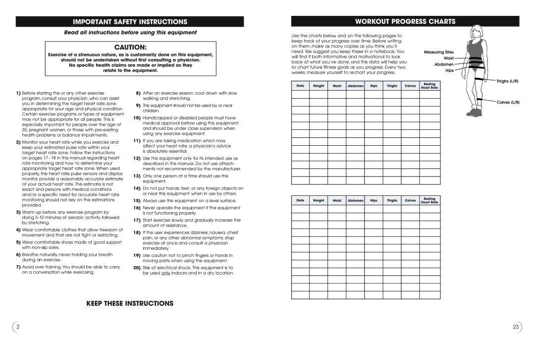 Fitness Quest 475u manual Important Safety Instructions Workout Progress Charts, Keep These Instructions 