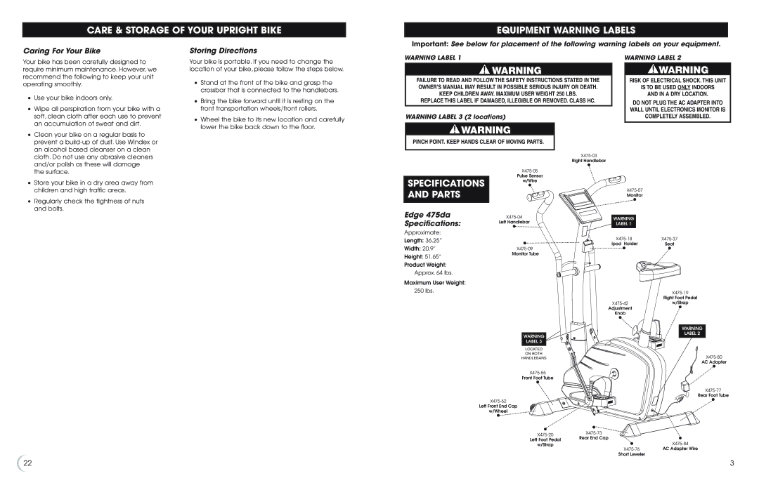 Fitness Quest 475u manual Specifications, Parts 